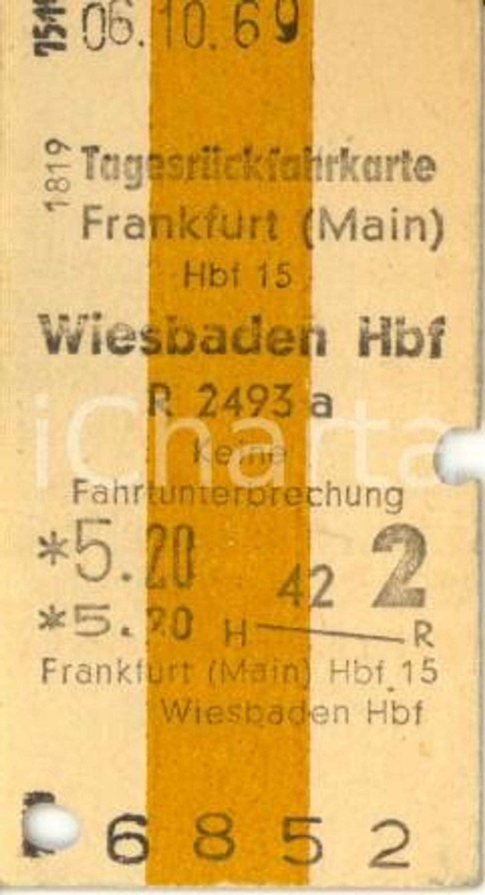 Oggetto da collezione cartaceo 1969 DEUTSCHE BUNDESBAHN FRANKFURT  HANNOVER Biglietto ferroviario giornaliero 1