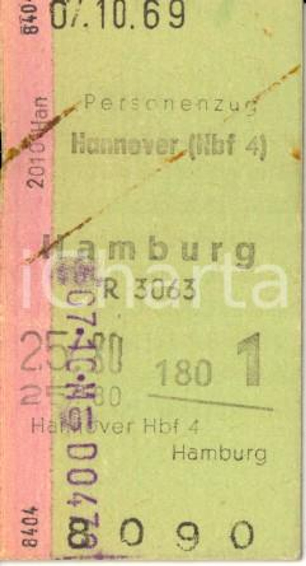 Oggetto da collezione cartaceo 1969 DEUTSCHE BUNDESBAHN HANNOVER  HAMBURG Biglietto per treno passeggeri 1