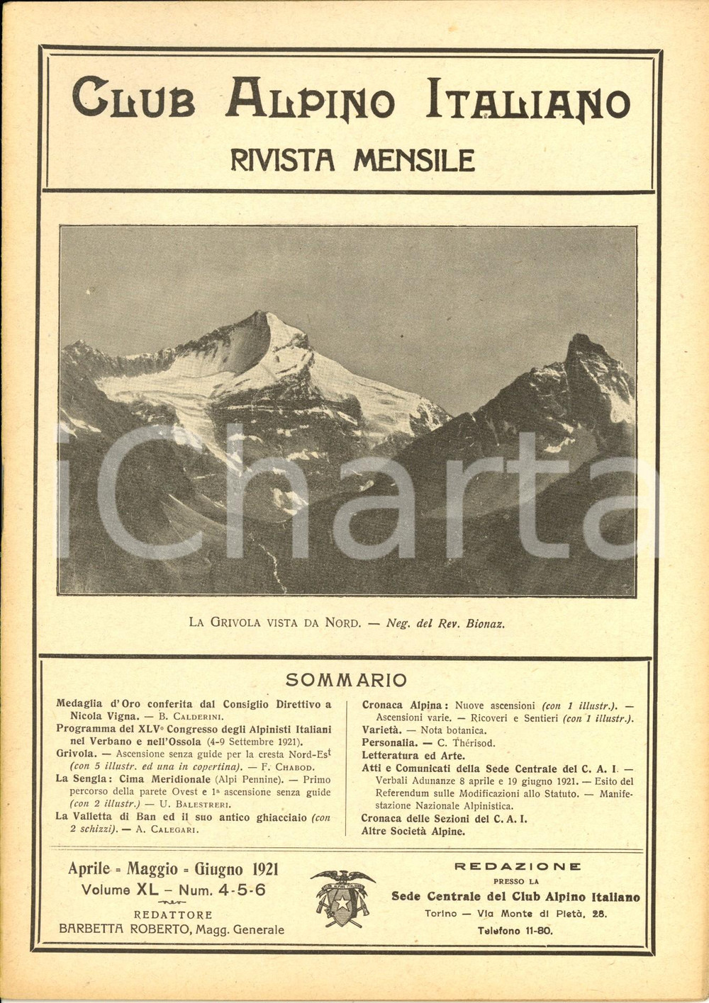 Giornale, rivista storica 1921 RIVISTA CLUB ALPINO ITALIANO CAI Programma XIV congresso alpinisti NÂ° 46 1