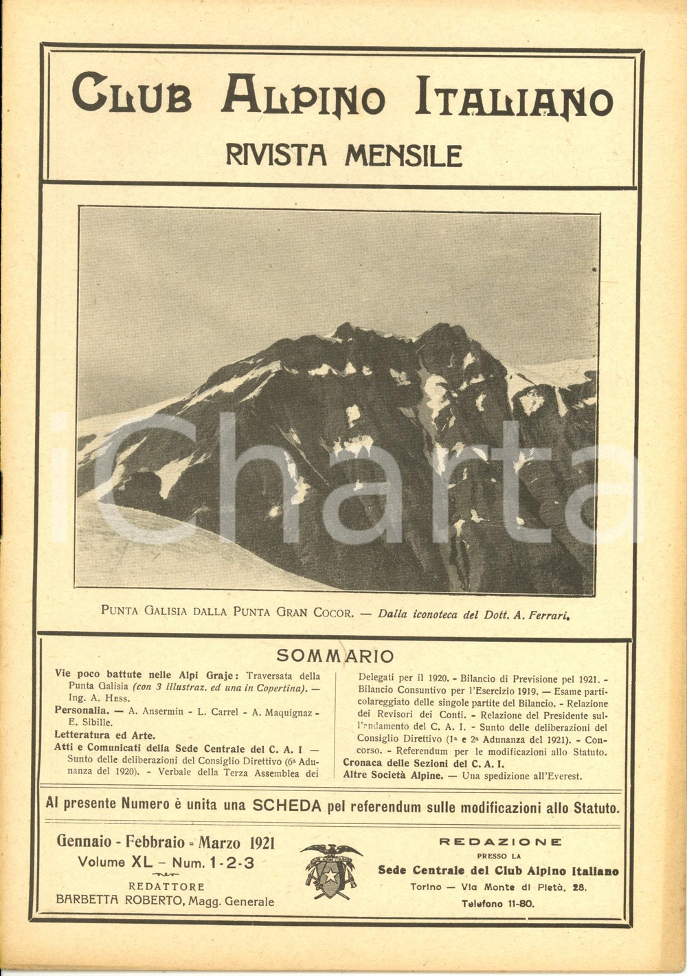 Giornale, rivista storica 1921 RIVISTA CLUB ALPINO ITALIANO CAI Referendum per modifiche STATUTO NÂ° 13 1