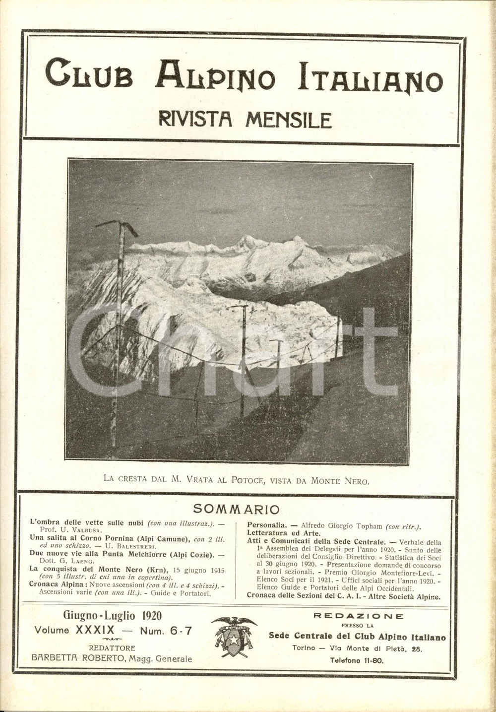 Giornale, rivista storica 1920 RIVISTA CLUB ALPINO ITALIANO CAI La conquista del Monte NERO KRN NÂ° 67 1