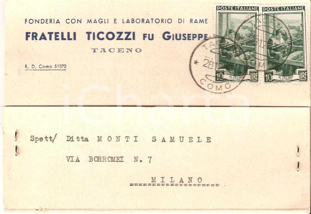 Cartolina originale da collezione 1952 TACENO Fonderia Fratelli TICOZZI Laboratorio rame Cartolina commerciale 1