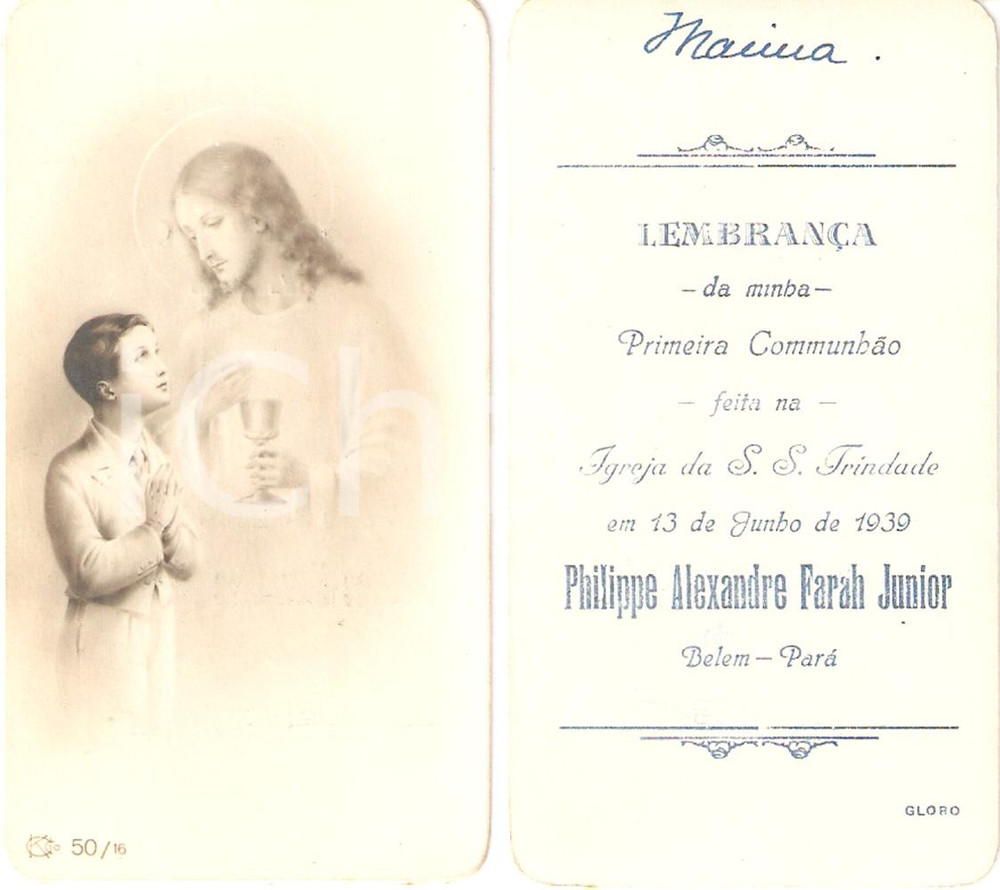 Oggetto da collezione cartaceo 1939 BELEM BRAZIL Igreja TRINIDADE Primeira Communhao Philippe Alexandre FARAH 1