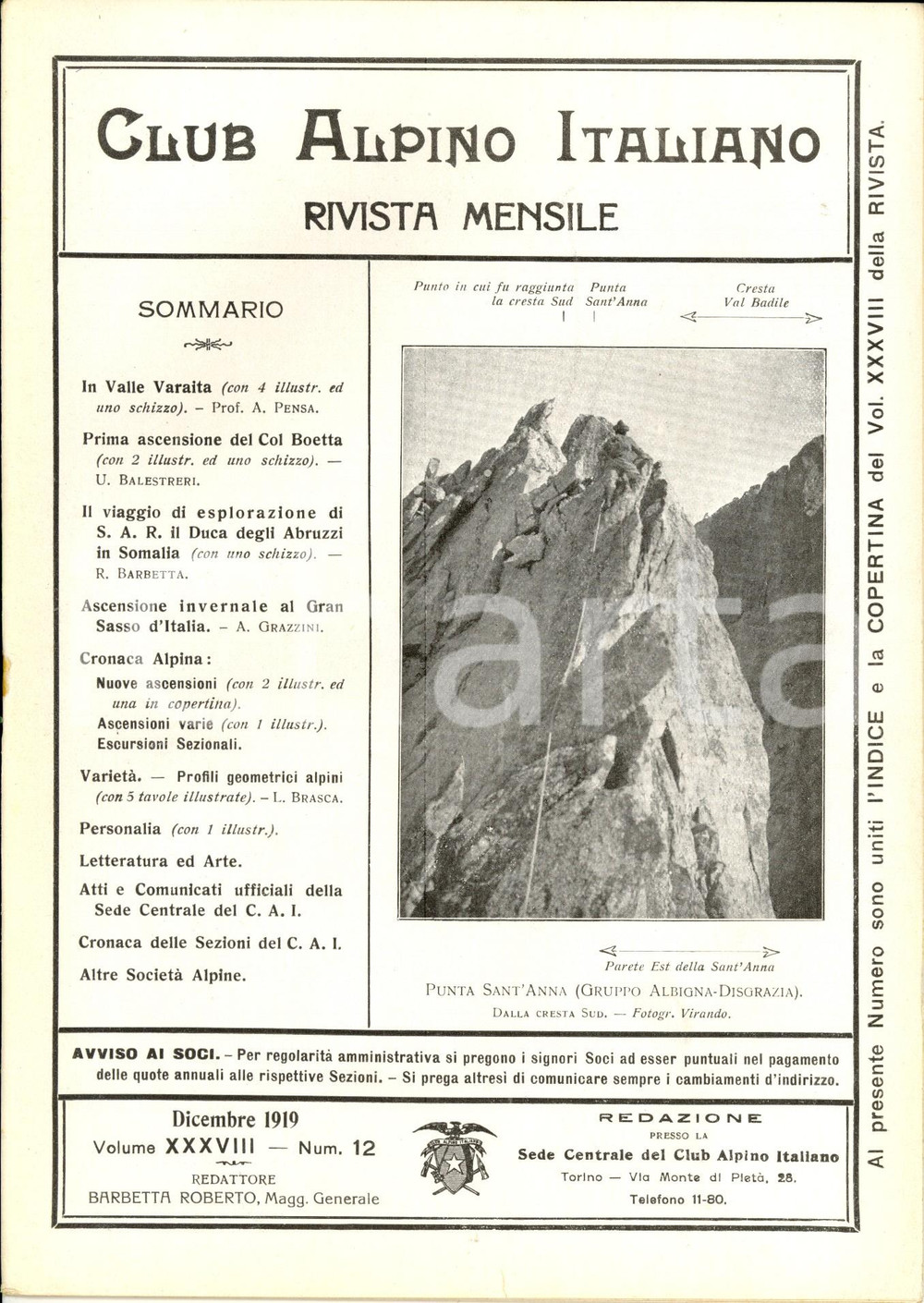 Giornale, rivista storica 1919 RIVISTA CLUB ALPINO ITALIANO CAI Il Duca degli Abruzzi in SOMALIA NÂ° 12 1