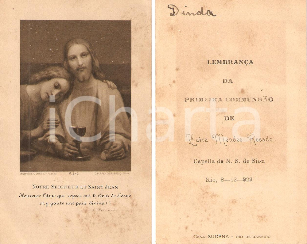 Oggetto da collezione cartaceo 1929 RIO DE JANEIRO BRAZIL Prima Comunione Zaira MENDES ROSADO Santino 1