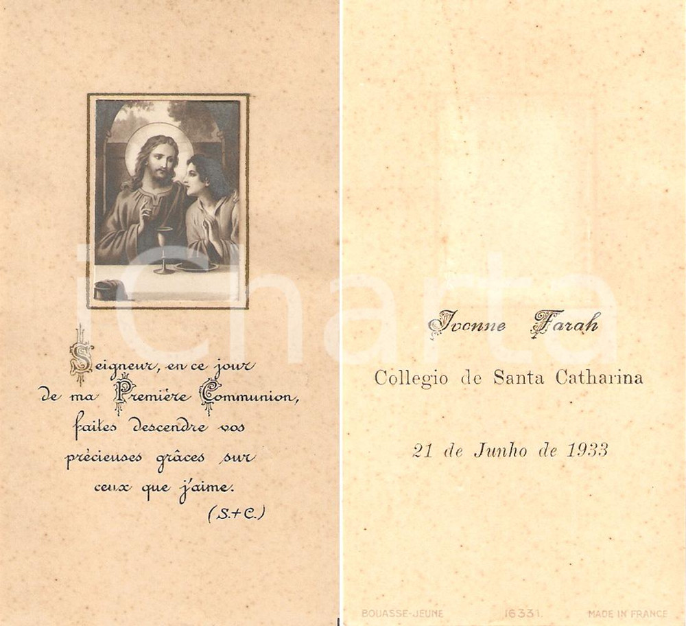Oggetto da collezione cartaceo 1933 FRANCIA Prima Comunione Ivonne FARAH a Collegio Santha Catharina Santino 1