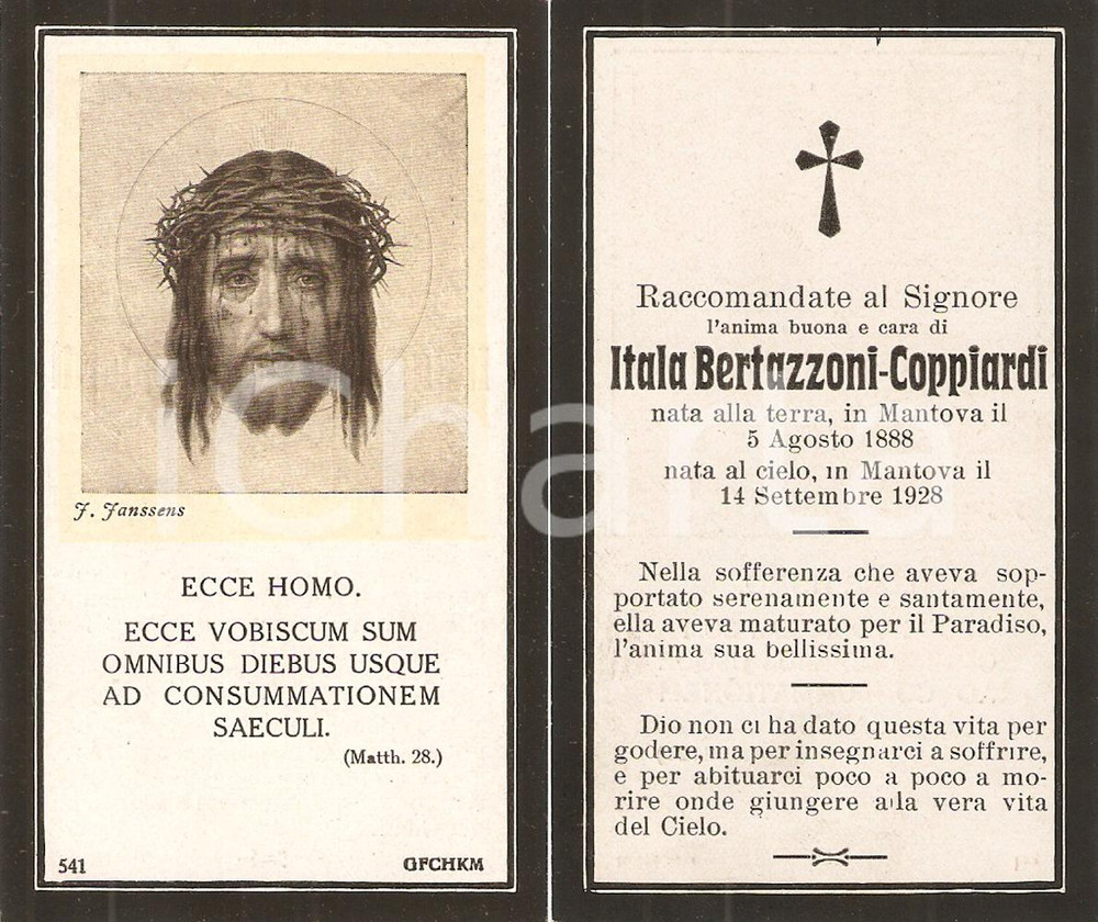 Oggetto da collezione cartaceo 1928 MANTOVA In memoria di Itala BERTAZZONI  COPPIARDI Santino ILLUSTRATO 1