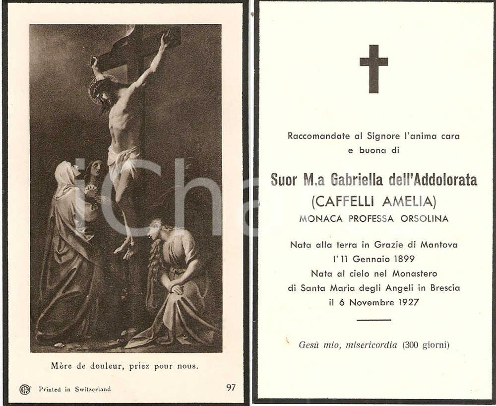 Oggetto da collezione cartaceo 1927 BRESCIA Morte Amelia CAFFELLI Suor Maria Gabriella dell Addolorata Santino 1