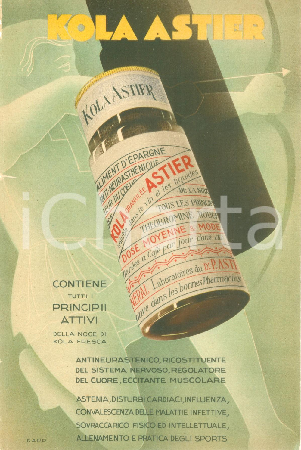 Materiale pubblicitario d’epoca 1935 ca MILANO Antineurastenico Kola ASTIER Volantino pubblicitario ILLUSTRATO 1
