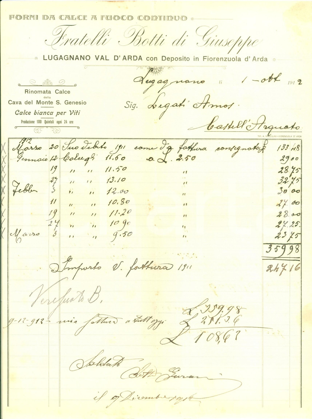 Documento originale, autentico 1912 LUGAGNANO VAL D ARDA PC Forni da calce a fuoco continuo Fratelli BOTTI 1