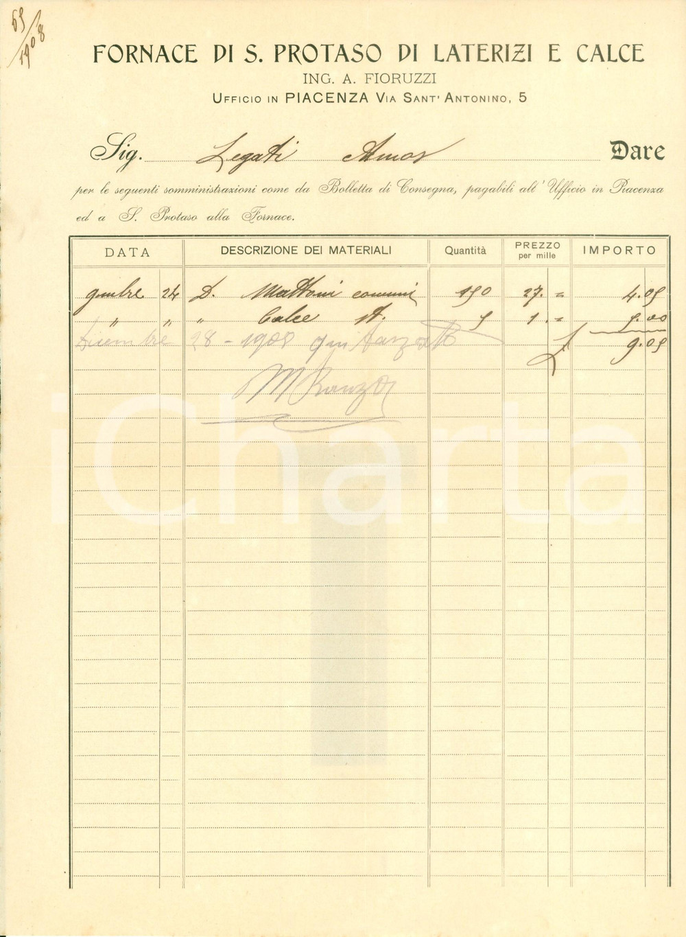 Documento originale, autentico 1908 PIACENZA Fornace di SAN PROTASO di laterizi e calce Ing. Angelo FIORUZZI 1