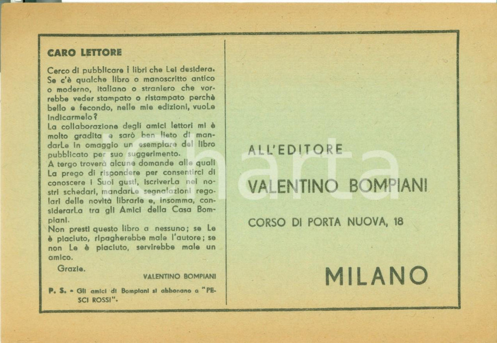 Materiale pubblicitario d’epoca 1950 ca MILANO Editore Valentino BOMPIANI chiede consigli ai lettori Cartolina 1