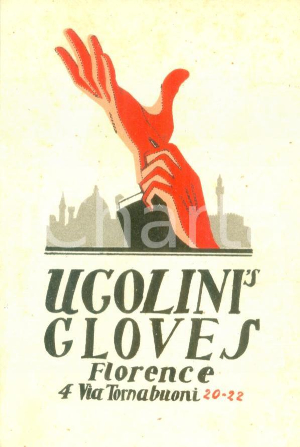 Materiale pubblicitario d’epoca 1935 ca FIRENZE Ugolini s Gloves Biglietto pubblicitario ILLUSTRATO 1