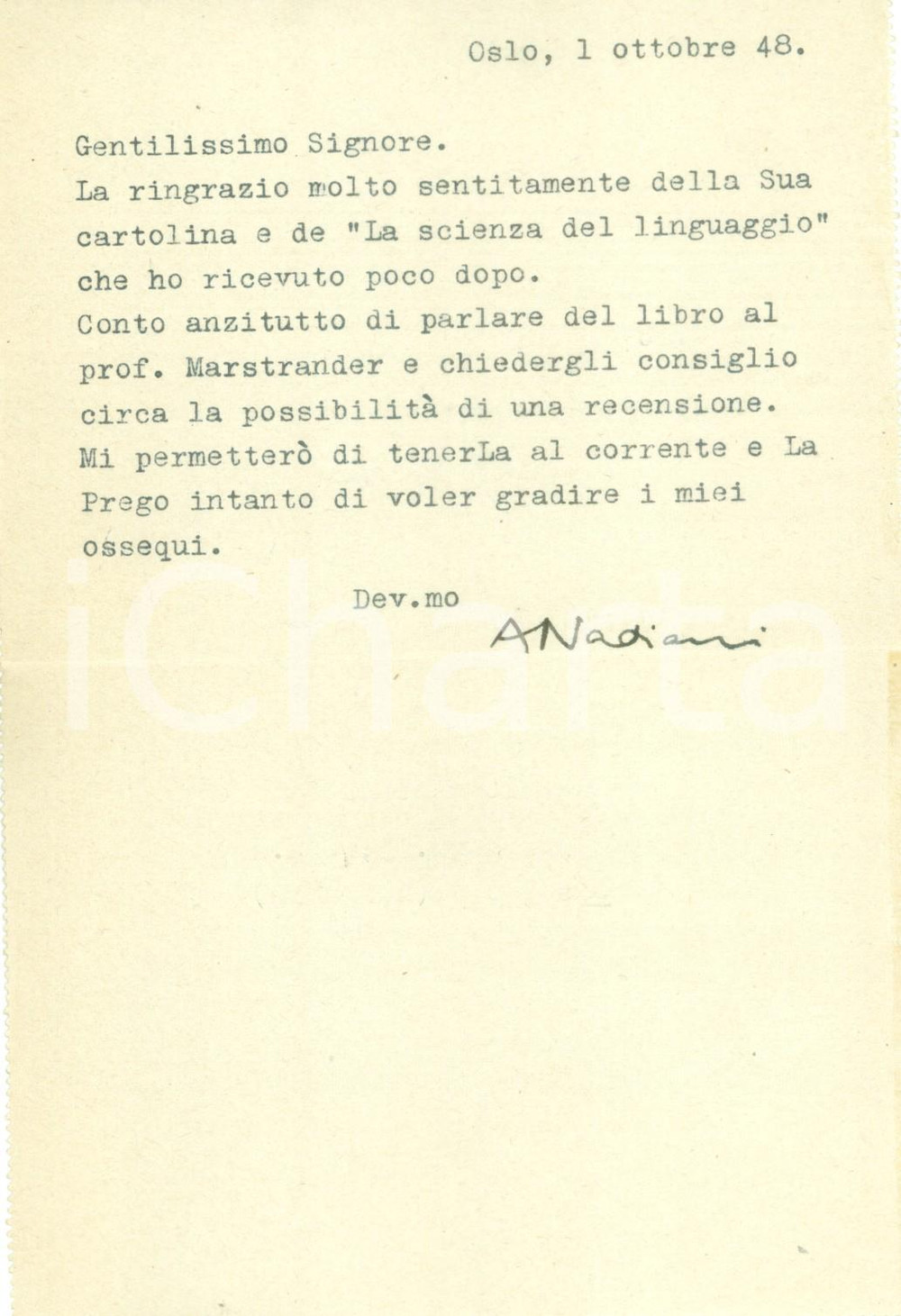Autografo originale 1948 OSLO NORVEGIA Pittore Antonio NADIANI ringrazia Paolo Ettore SANTANGELO 1