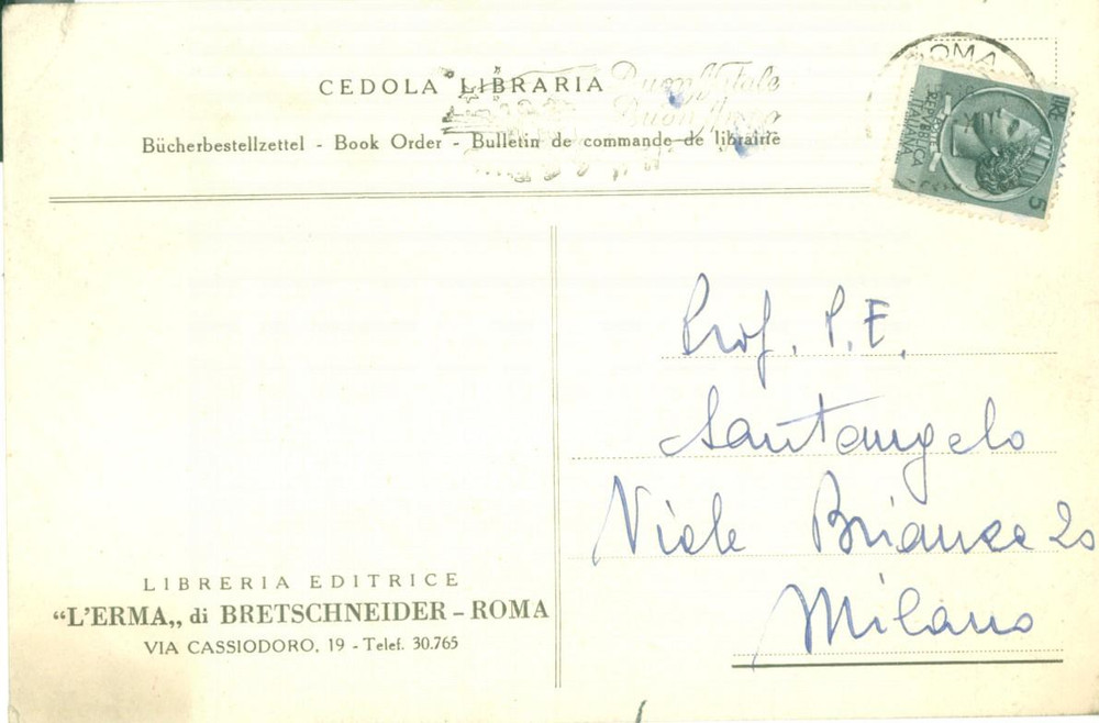 Manoscritto, lettera originale 1950 ROMA Libreria L ERMA DI BRETSCHNEIDER ringrazia Paolo Ettore SANTANGELO 1