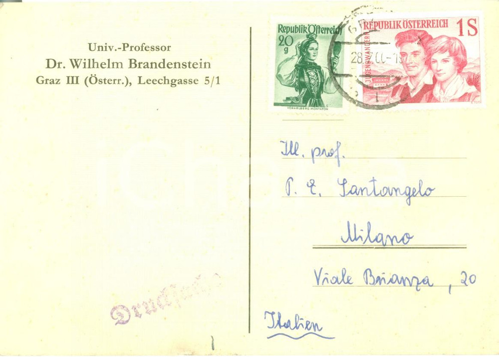 Manoscritto, lettera originale 1960 GRAZ AUSTRIA Wilhelm BRANDENSTEIN ringrazia SANTANGELO Cartolina 1