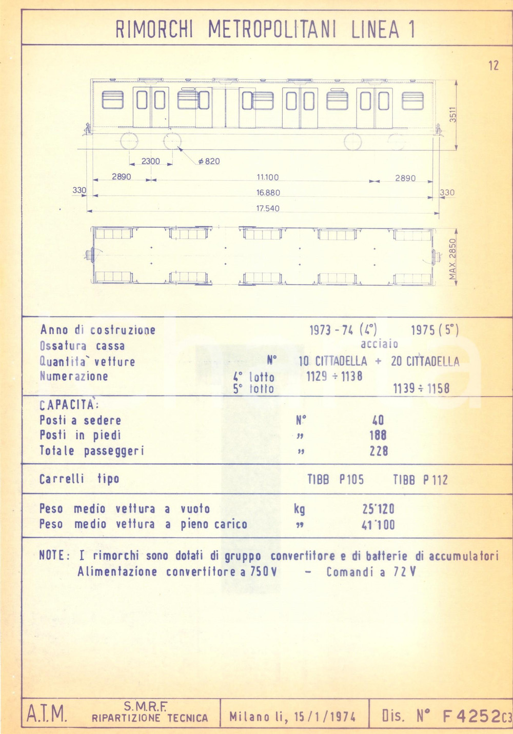 Documento originale, autentico 1974 MILANO ATM Metropolitana Rimorchi Linea 1 CITTADELLA Scheda tecnica 1