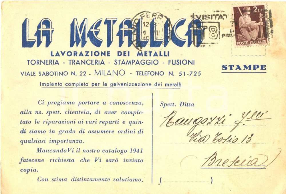 Cartolina originale da collezione 1947 MILANO LA METALLICA  Lavorazione dei metalli Cartolina commerciale FG VG 1