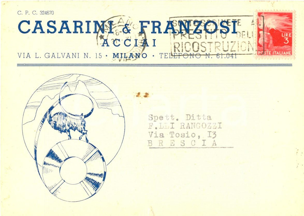 Cartolina originale da collezione 1946 MILANO CASARINI & FRANZOSI Lavorazione dell acciaio Cartolina FG VG 1