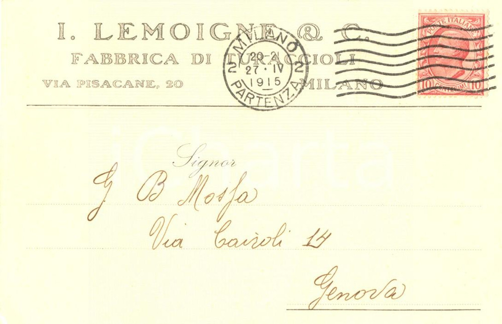 Cartolina originale da collezione 1915 MILANO Fabbrica di turaccioli LEMOIGNE & C. Cartolina commerciale FP VG 1