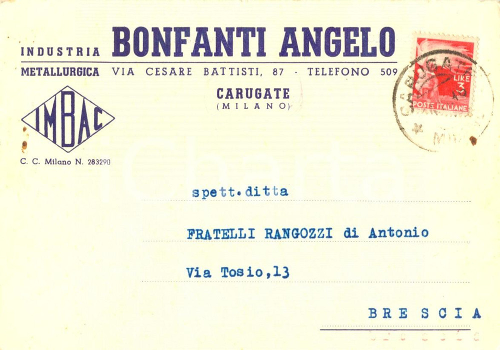 Cartolina originale da collezione 1946 CARUGATE MI Angelo BONFANTI Industria metallurgica FG VG 1