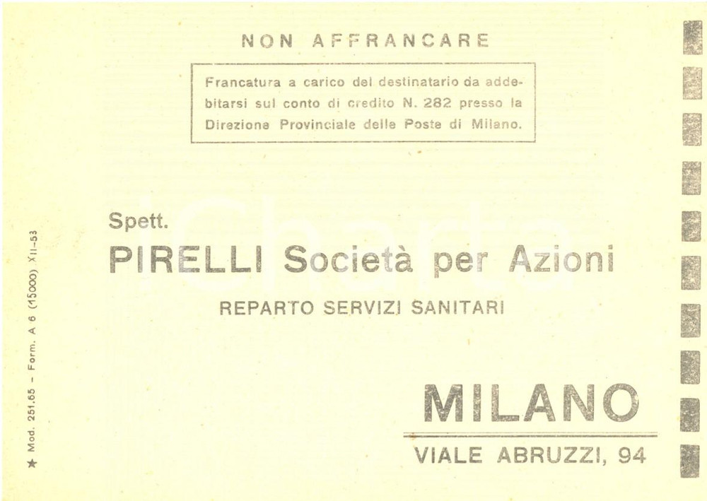 Cartolina originale da collezione 1954 MILANO SocietÃ  per azioni PIRELLI Reparto Servizi Sanitari Cartolina FG VG 1