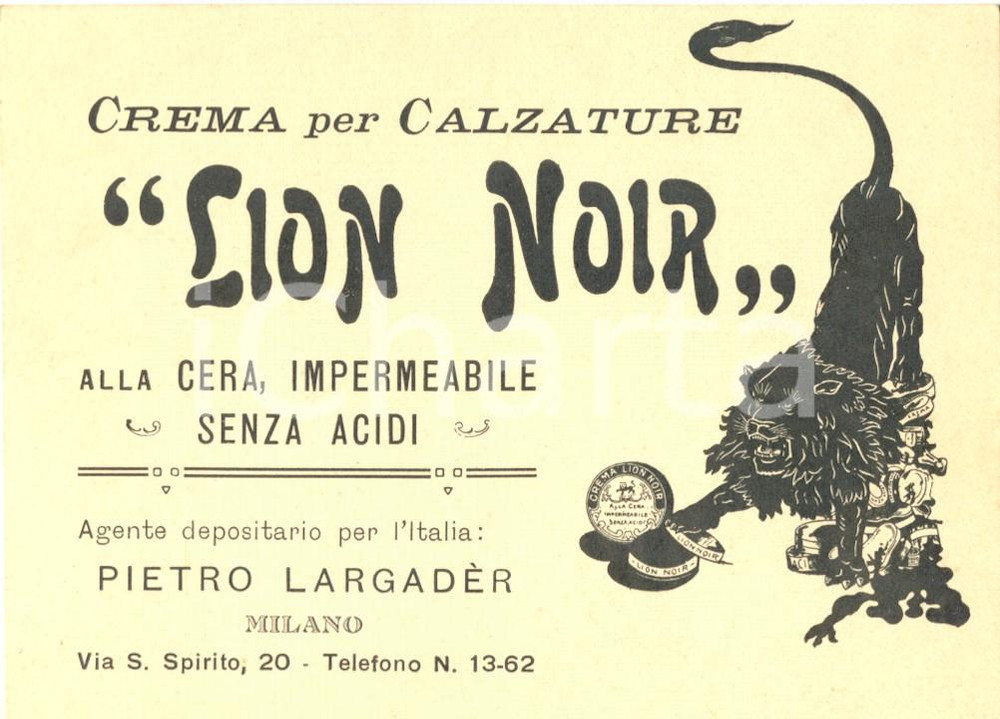 Materiale pubblicitario d’epoca 1930 ca MILANO Pietro LARGADER Crema calzature LION NOIR Cartoncino ILLUSTRATO 1