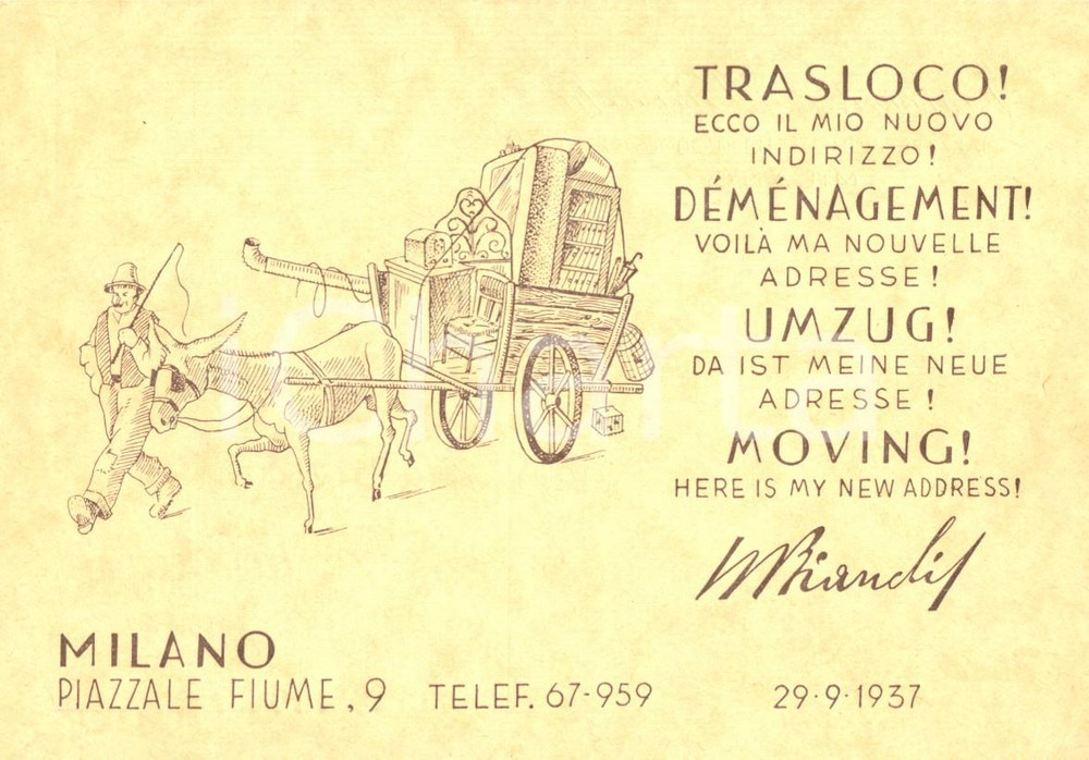 Cartolina originale da collezione 1937 MILANO Vincenzo BIANCHI Traslochi col carretto Cartolina ILLUSTRATA FG NV 1