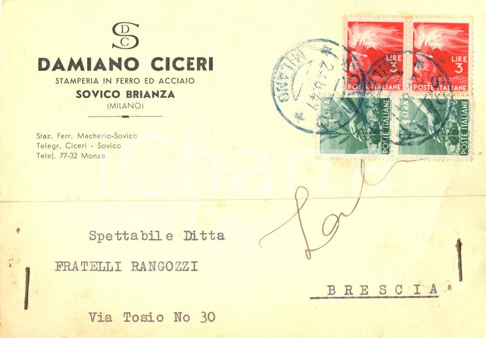 Cartolina originale da collezione 1947 SOVICO MB Damiano CICERI Stamperia in ferro ed acciaio Cartolina FG VG 1