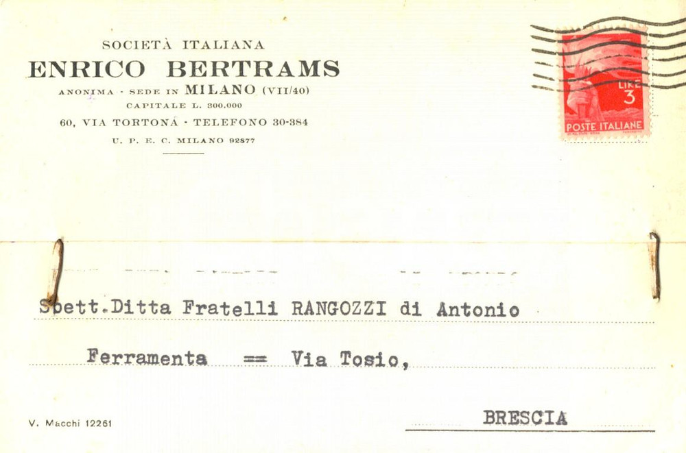 Cartolina originale da collezione 1946 MILANO Enrico BERTRAMS SocietÃ  italiana Cartolina commerciale FG VG 1