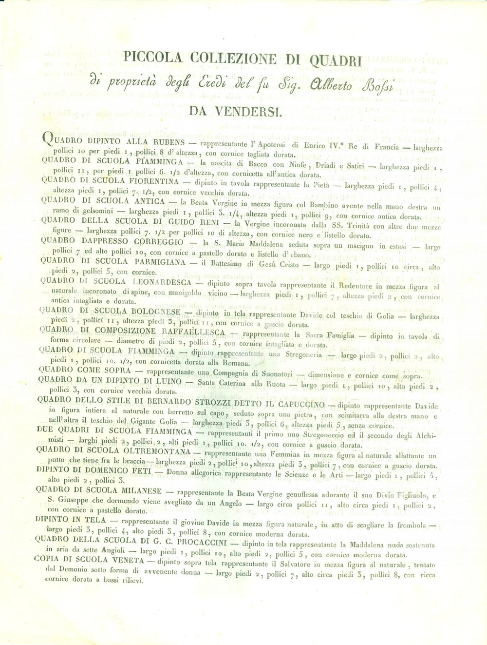 Documento originale, autentico 1840 ca MILANO Casa TINELLI Piccola collezione di quadri  Eredi Alberto BOSSI 1