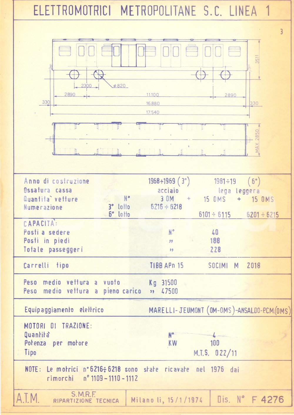 Documento originale, autentico 1974 MILANO ATM Metropolitana Elettromotrici S.C. Linea 1 OM Scheda tecnica 1