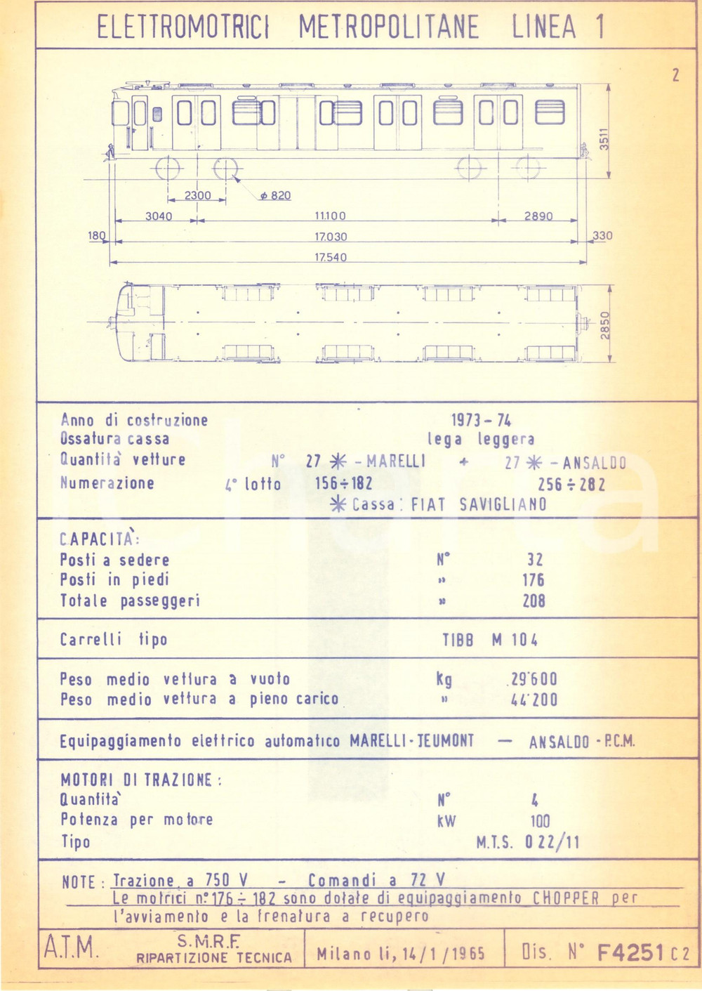 Documento originale, autentico 1965 MILANO ATM Metropolitana Elettromotrici Linea 1 MARELLI ANSALDO Scheda 1
