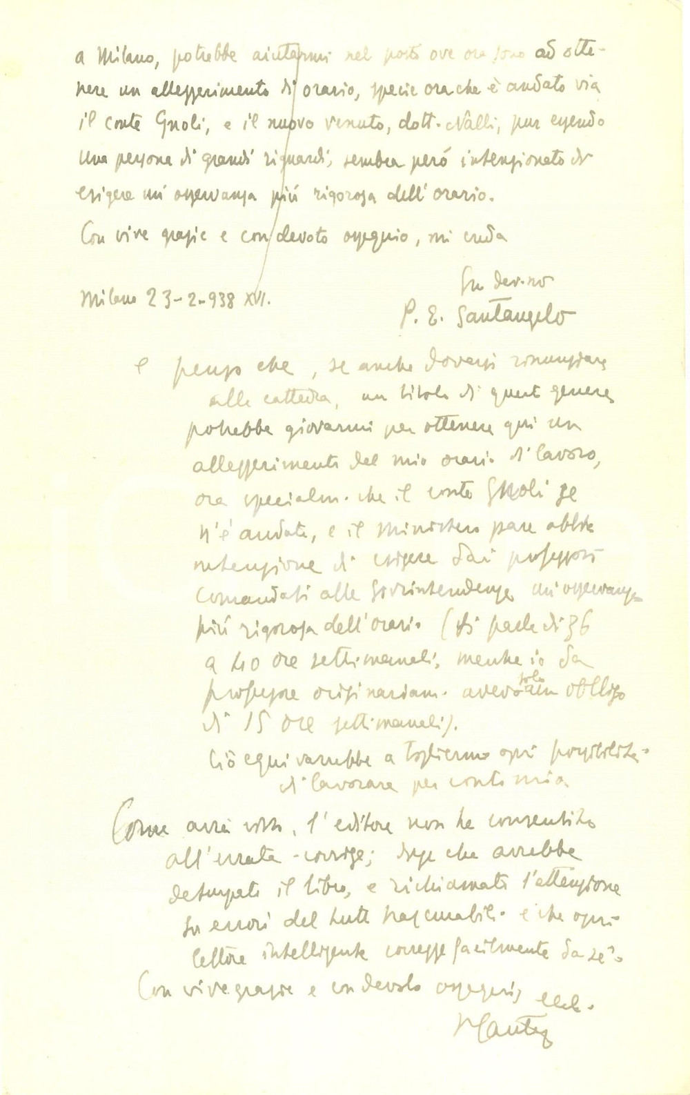 Autografo originale 1938 MILANO Paolo Ettore SANTANGELO si informa su una cattedra a PALERMO 1