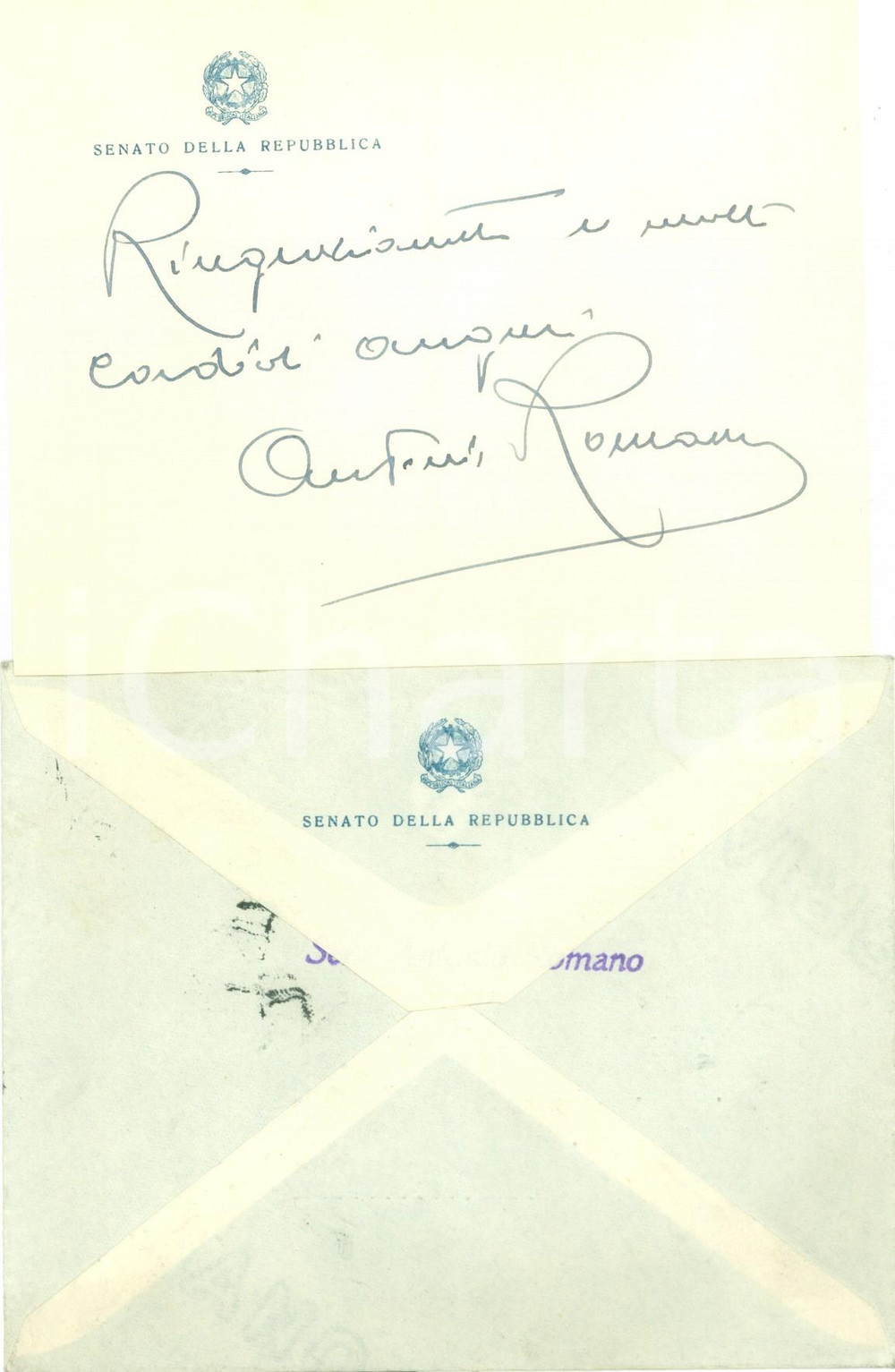 Autografo originale 1952 ROMA Senatore Antonio ROMANO Biglietto di auguri AUTOGRAFO 1