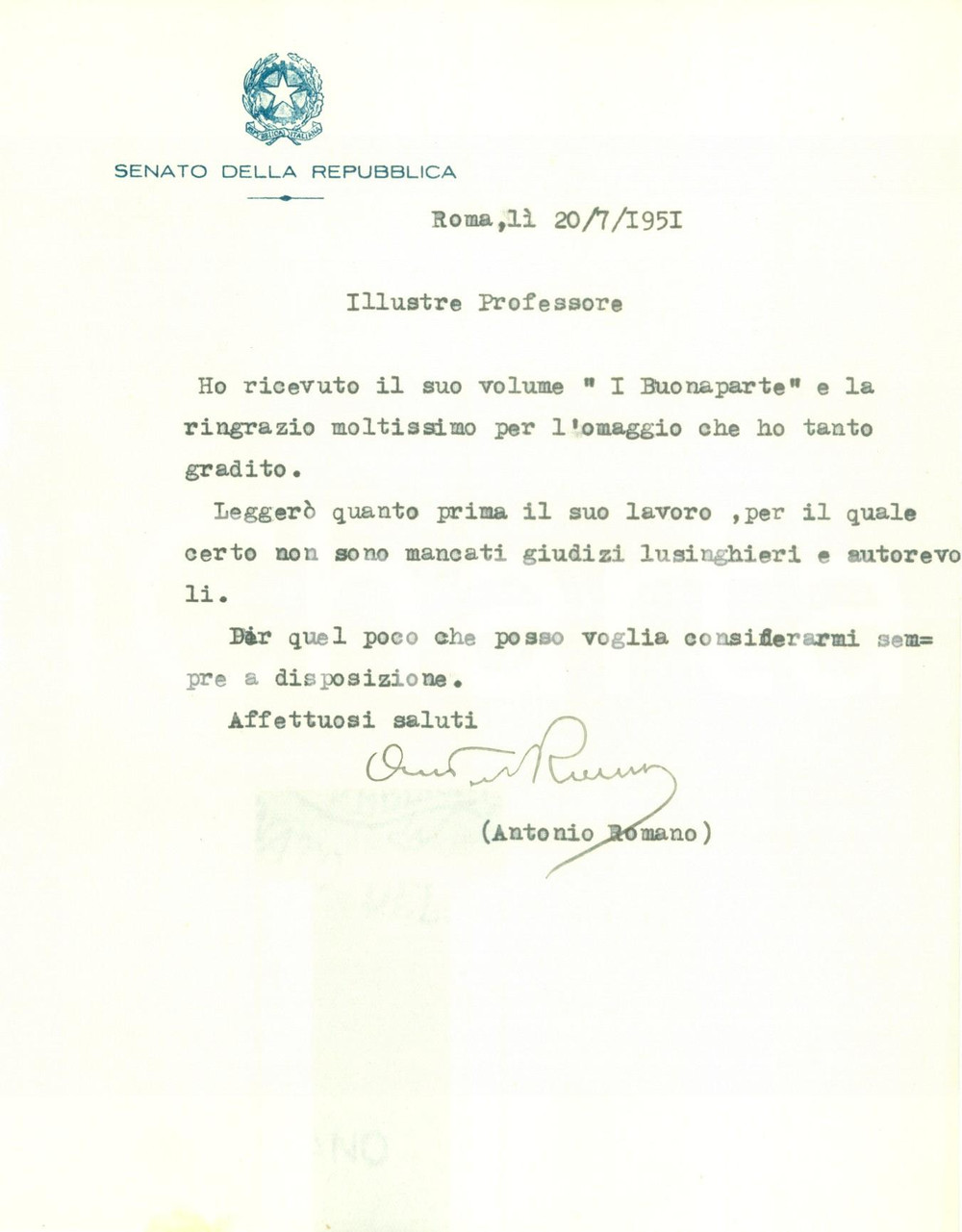Autografo originale 1951 ROMA Senatore Antonio ROMANO ringrazia SANTANGELO per l invio di un opera 1