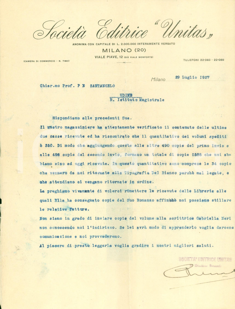 Manoscritto, lettera originale 1927 MILANO SocietÃ  Editrice UNITAS aggiorna SANTANGELO su consegna volumi 1