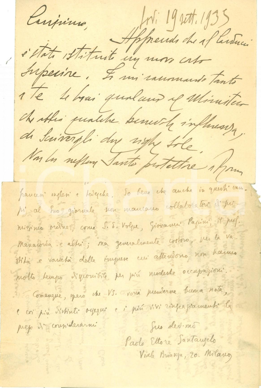 Manoscritto, lettera originale 1935 LODI Dante FERRARI chiede raccomandazione per posto al Liceo CARDUCCI 1