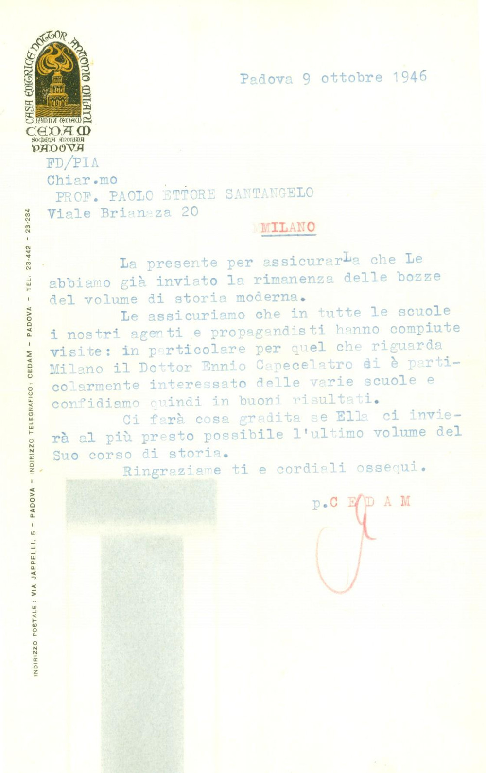 Manoscritto, lettera originale 1946 PADOVA Editore CEDAM Ennio CAPECELATRO cerca di diffondere opera SANTANGELO 1