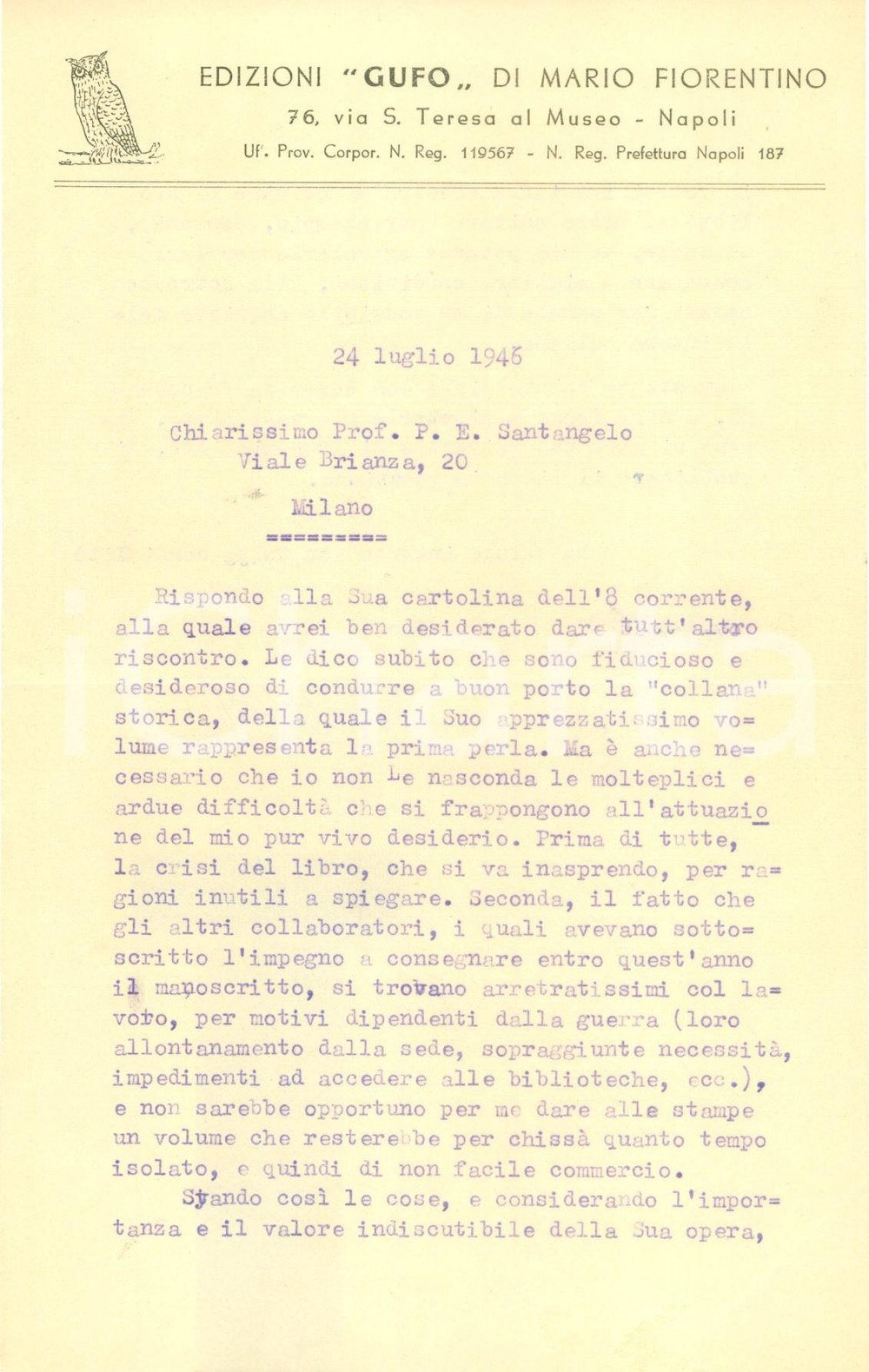 Autografo originale 1946 NAPOLI Editore Mario FIORENTINO rinuncia a malincuore a opera di SANTANGELO 1