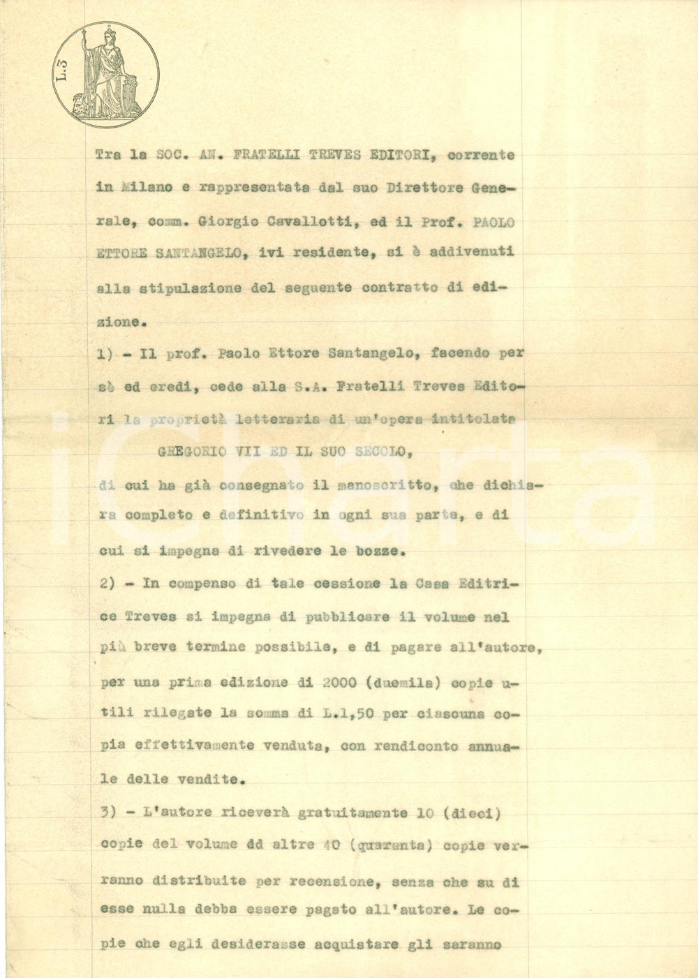 Documento originale, autentico 1934 MILANO Editori Fratelli TREVES contratto per pubblicazione GREGORIO VII 1