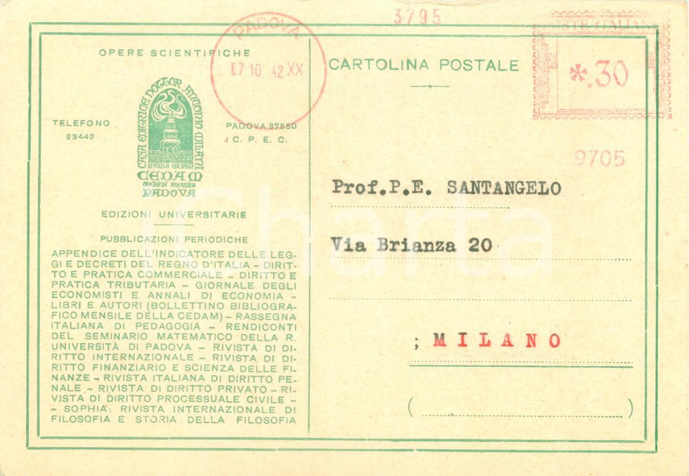 Manoscritto, lettera originale 1942 PADOVA Casa Editrice CEDAM attende manoscritto di Paolo Ettore SANTANGELO 1