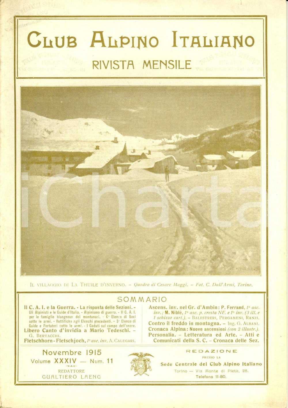 Giornale, rivista storica 1915 RIVISTA CLUB ALPINO ITALIANO CAI Canto d invidia a Mario TEDESCHI NÂ° 11 1