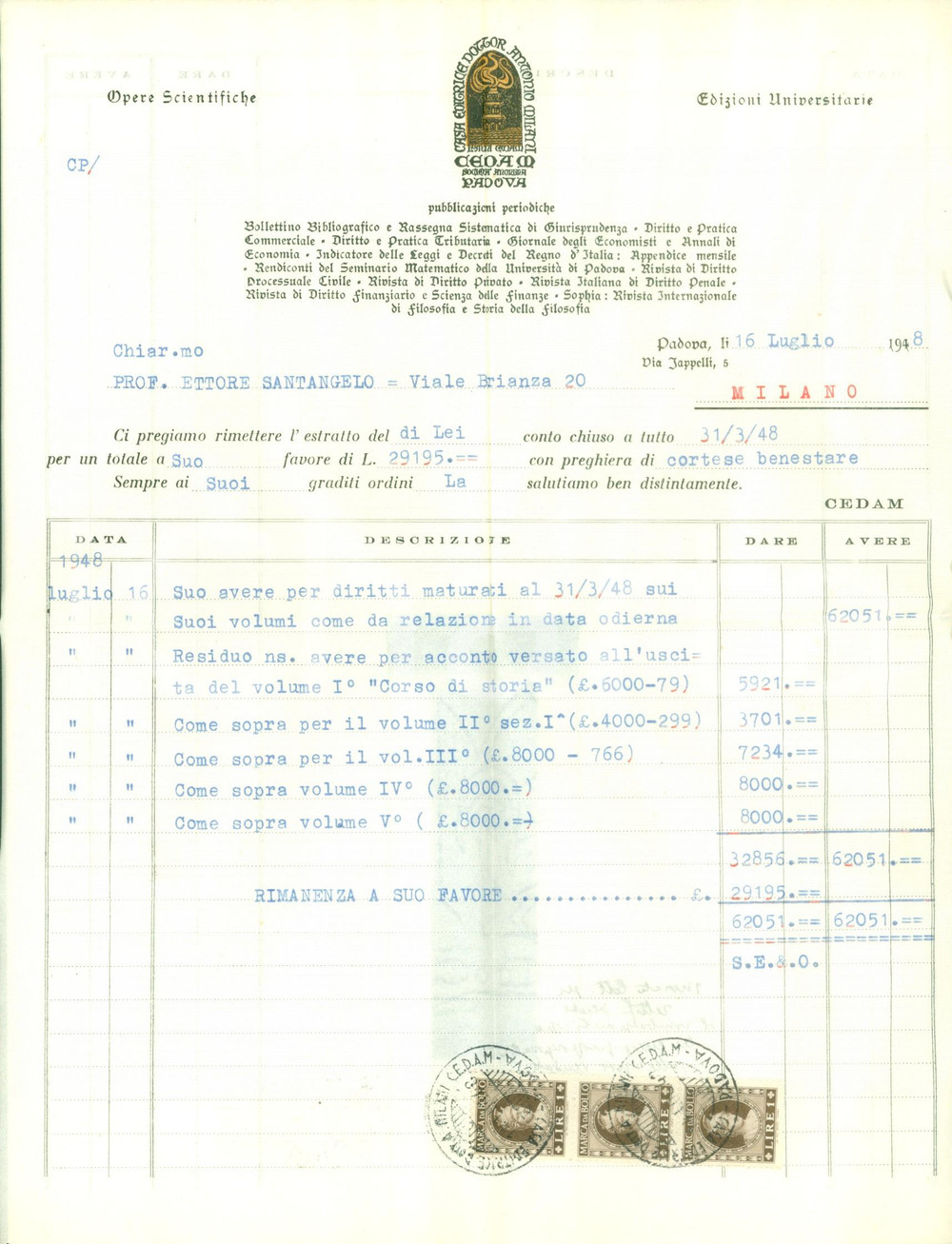 Manoscritto, lettera originale 1948 PADOVA Casa Editrice CEDAM invia conteggio per diritti d autore Documento 1