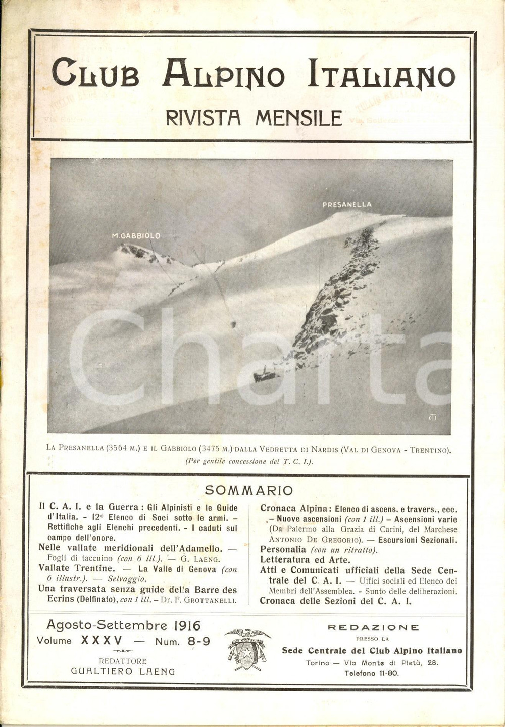Giornale, rivista storica 1916 RIVISTA CLUB ALPINO ITALIANO CAI Vallate meridionali dell ADAMELLO NÂ° 89 1