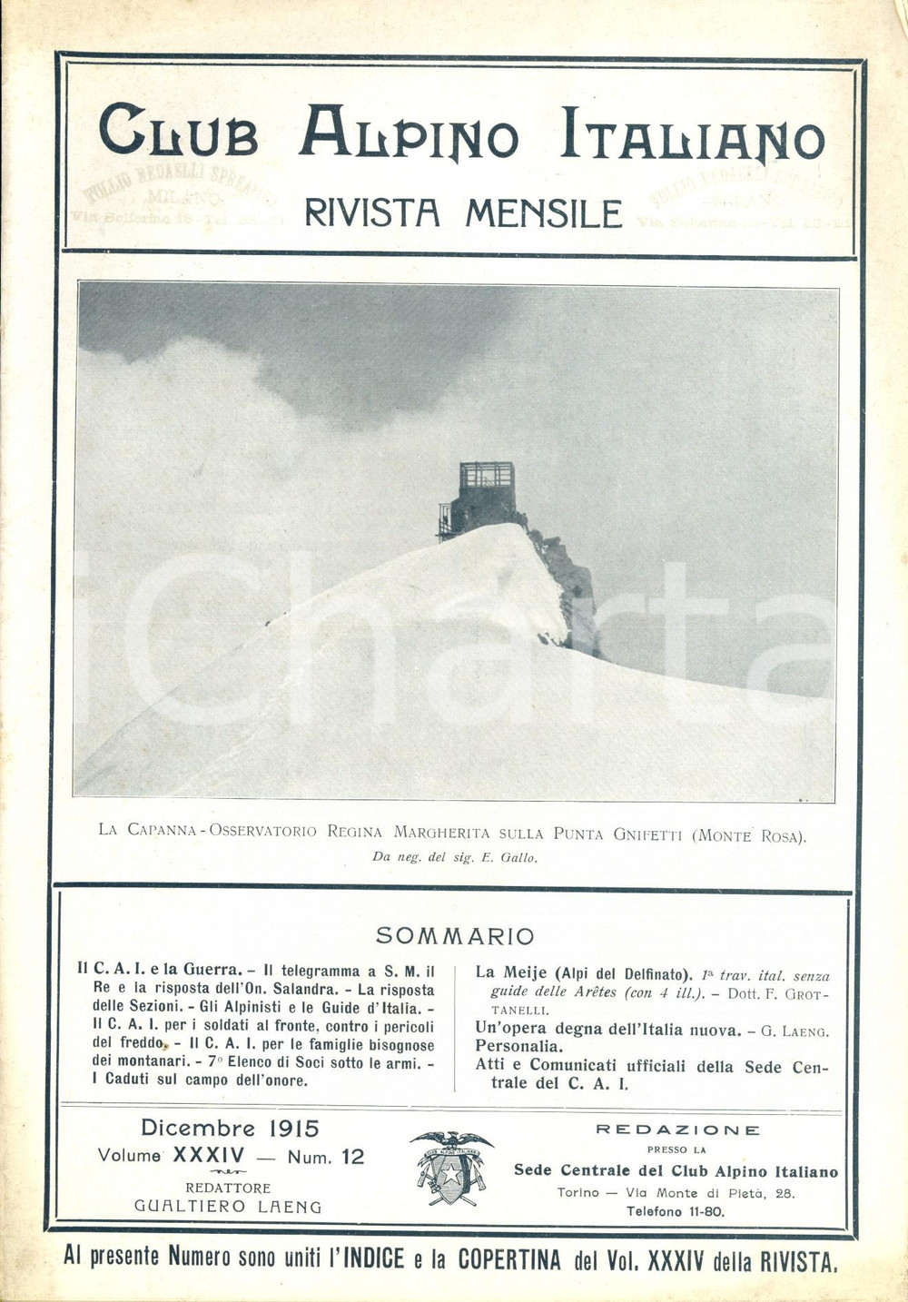 Giornale, rivista storica 1915 RIVISTA CLUB ALPINO ITALIANO CAI Traversata de LA MEIJE nel DELFINATO NÂ°12 1