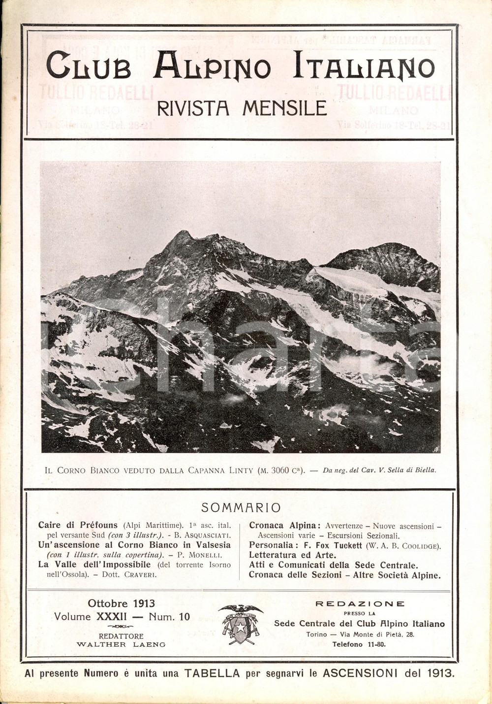 Giornale, rivista storica 1913 RIVISTA CLUB ALPINO ITALIANO CAI Ascensione Sud al CAIRE DI PREFOUNS NÂ° 10 1