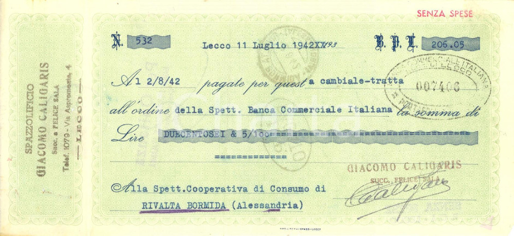 Oggetto da collezione cartaceo 1942 LECCO Spazzolificio Giacomo CALIGARIS Cambiale pubblicitaria d epoca 1