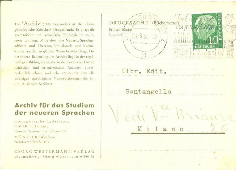 Cartolina originale da collezione 1955 MÜNSTER DE Archiv für das Studium der neueren Sprachen – Cartolina 1