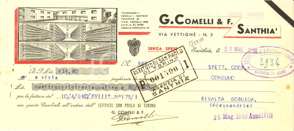 Oggetto da collezione cartaceo 1940 SANTHIA  VC G. COMELLI & F. vendita formaggi Cambiale pubblicitaria 1